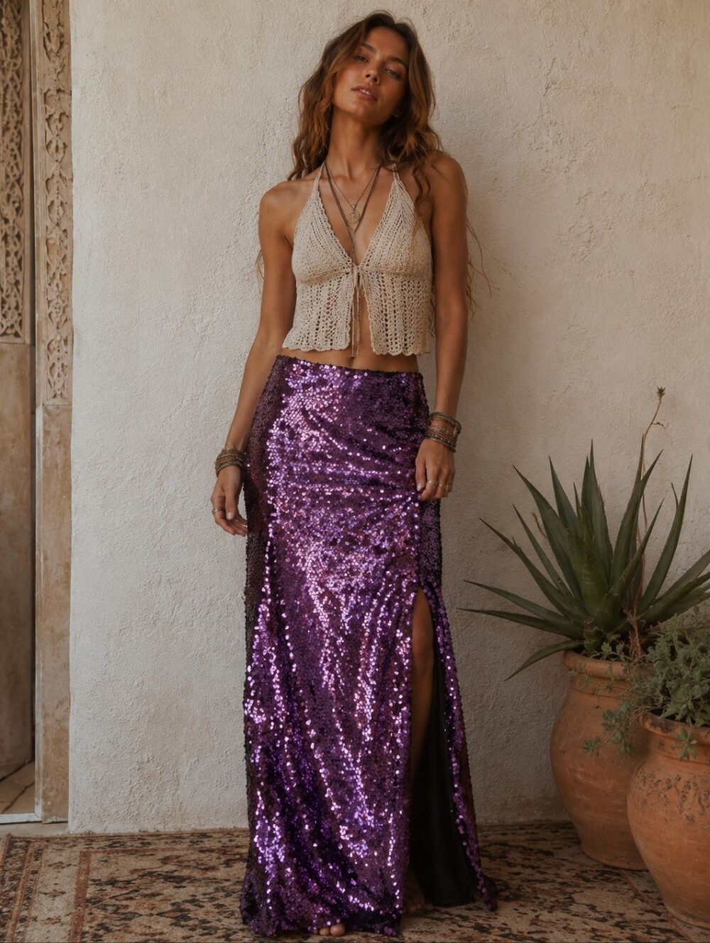 Free People Purple Sequin Midi Skirt Split Evening Boho